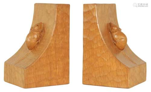 A GOOD PAIR OF ROBERT  MOUSEMAN  THOMPSON AZED OAK BOOKENDS