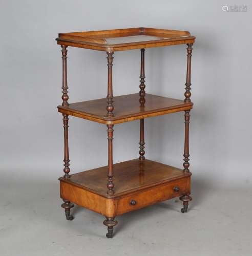 A Victorian burr walnut three-tier whatnot with galleried to...