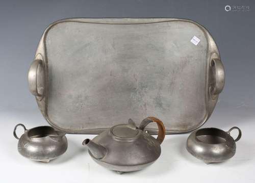 A Liberty & Co 'Tudric' pewter three-piece tea set, desi...