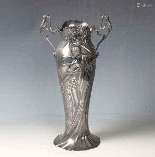 An Art Nouveau WMF pewter vase, the elongated ovoid body cas...