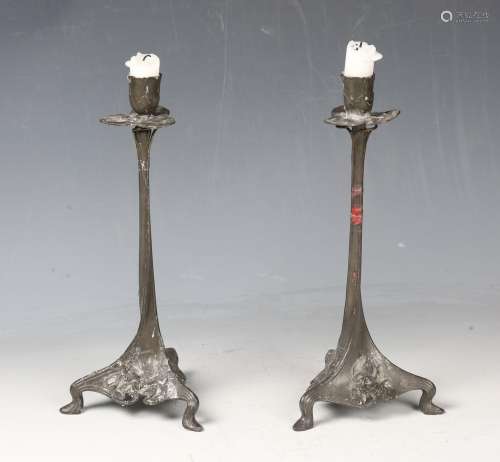 A pair of Art Nouveau pewter candlesticks, probably by WMF, ...