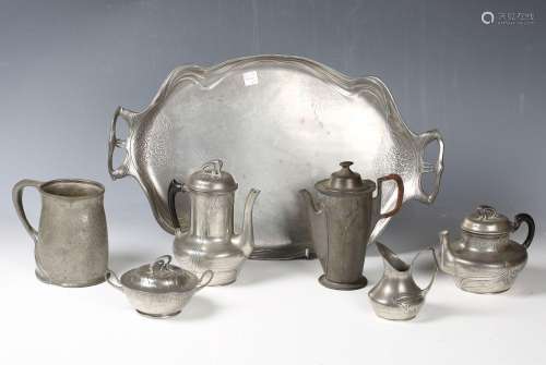 An Art Nouveau pewter tea set by Orivit, comprising teapot, ...