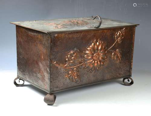 An Arts and Crafts copper and wrought iron mounted coal or l...