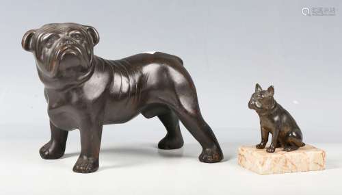 A late 20th century patinated bronze model of a boxer dog, l...