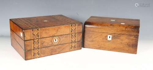 A late Victorian walnut and parquetry banded workbox, height...