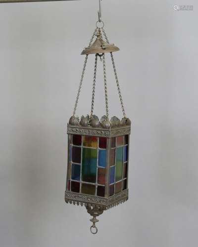 A late Victorian stained glass hanging lantern of rectangula...