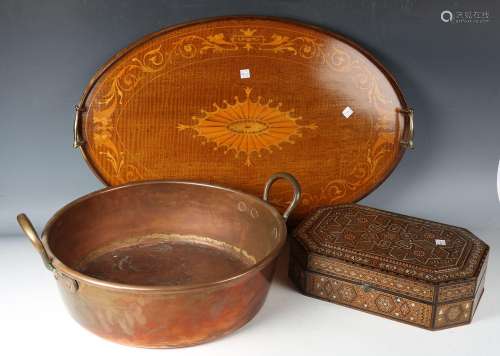 A Victorian copper preserve pan with twin brass handles, dia...
