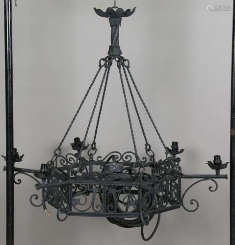 A 20th century medieval style wrought iron hanging six-light...