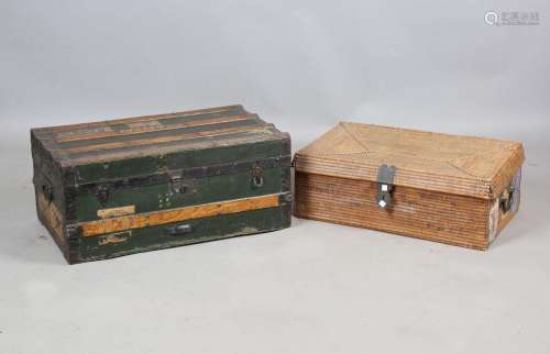 A 19th century canvas and wooden bound travelling trunk, wid...