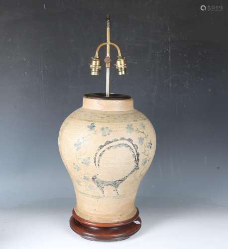 A 20th century Eastern pottery twin-light table lamp of balu...