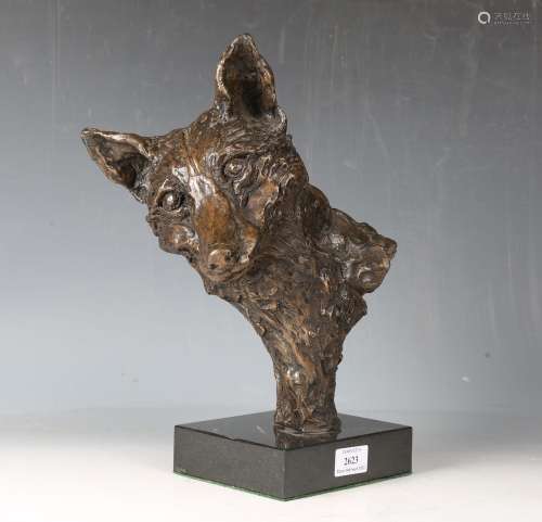 A modern bronzed composite model of a fox's head, mounted on...