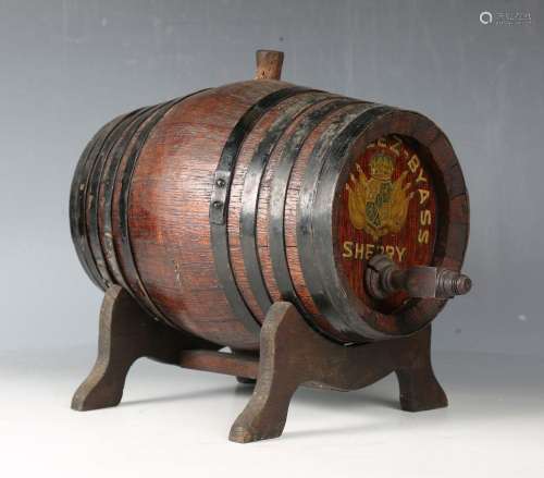 A 20th century coopered oak sherry barrel, hand-painted with...