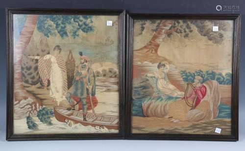 A pair of Regency silkwork and chenille panels, finely worke...