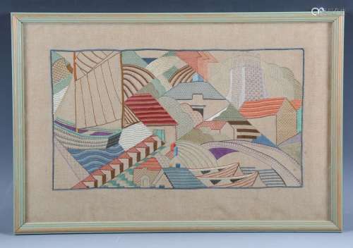 An Art Deco needlework panel, finely worked in coloured silk...