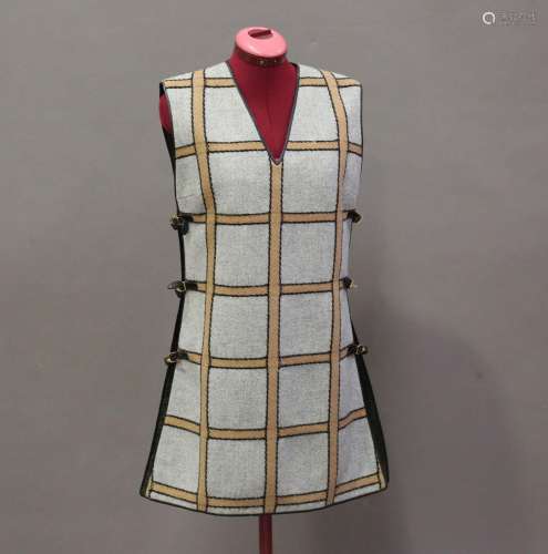 A Gucci tunic dress, in checked tweed and with black leather...