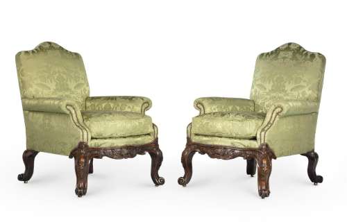 A PAIR OF MAHOGANY AND SILK DAMASK UPHOLSTERED ARMCHAIRS, MI...