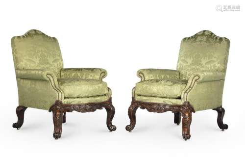 A PAIR OF MAHOGANY AND SILK DAMASK UPHOLSTERED ARMCHAIRS, MI...