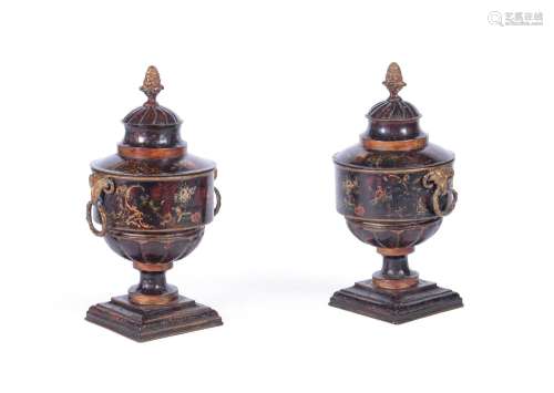 A PAIR OF TOLEWARE LIDDED URNS, PROBABLY ITALIAN, LATE 19TH ...