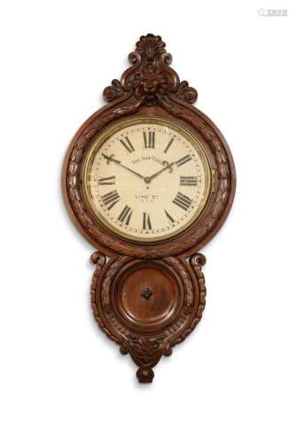 A SUBSTANTIAL VICTORIAN CARVED MAHOGANY WALL TIMEPIECE, THIR...