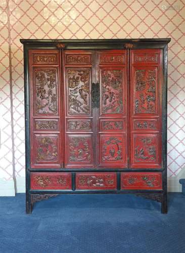 A CHINESE RED LACQUER AND PARCEL GILT CABINET, 19TH CENTURY ...