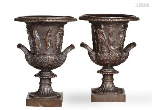 A PAIR OF 'GRAND TOUR' BRONZE MEDICI AND BORGHESE URNS, LATE...