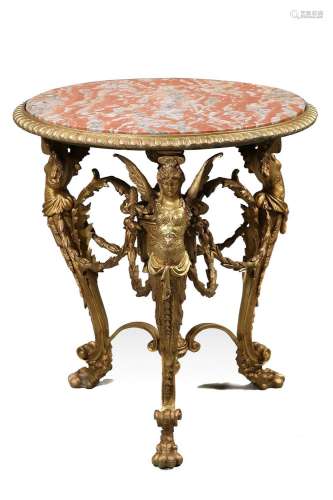 A GILT METAL AND MARBLE TOPPED FIGURAL CENTRE TABLE, LATE 19...