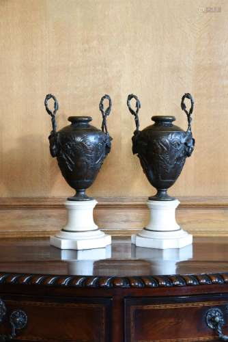 A PAIR OF PATINATED BRONZE AND MARBLE URN SHAPED VASES, LATE...
