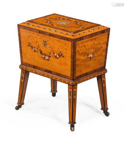Y A SATINWOOD AND POLYCHROME PAINTED BOX ON STAND, LATE 19TH...