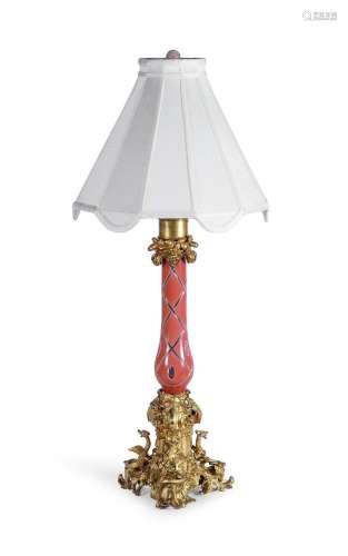 VICTORIAN ORMOLU MOUNTED CUT CASED GLASS LAMP BASE, LATE 19T...
