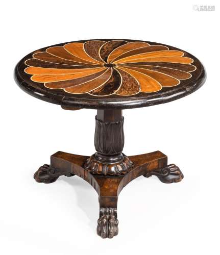 Y A CEYLONESE MACASAR EBONY AND SPECIMEN WOOD MARQUETRY TABL...