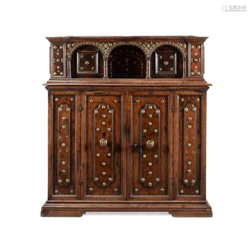 AN ITALIAN WALNUT AND BRASS MOUNTED CREDENZA, PROBABLY BOLOG...