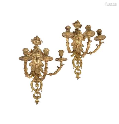 A PAIR OF FRENCH GILT METAL THREE-LIGHT WALL APPLIQUES, LATE...