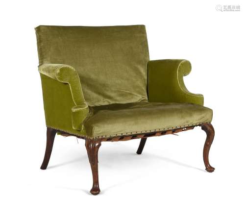 A WALNUT AND UPHOLSTERED SETTEE, CIRCA 1720 AND LATER
