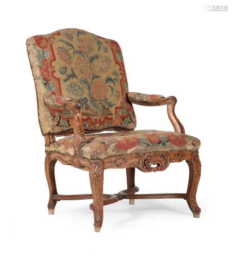 A LOUIS XV WALNUT AND NEEDLEWORK FAUTEUIL, MID 18TH CENTURY