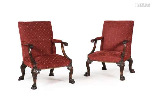 A PAIR OF CARVED WALNUT AND UPHOLSTERED GAINSBOROUGH AMRCHAI...