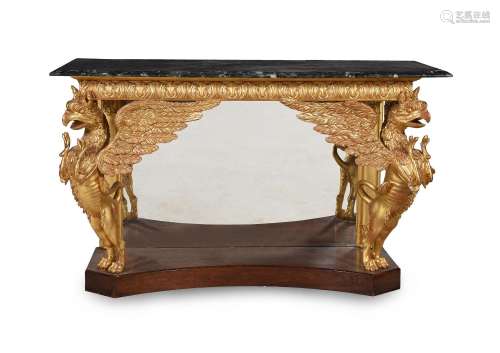 A GILTWOOD AND MAHOGANY MARBLE MOUNTED CONSOLE TABLE, IN THE...