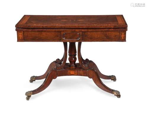 Y A REGENCY BURR WOOD, WALNUT, SATINWOOD AND EBONY TEA TABLE...