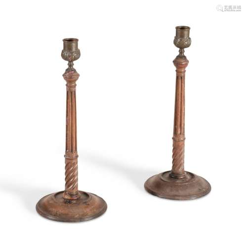 A PAIR OF GEORGE III MAHOGANY AND BRASS CANDLESTICKS, PROBAB...