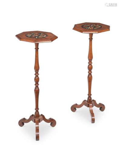 A PAIR OF WILLIAM AND MARY WALNUT AND MARQUETRY CANDLE STAND...