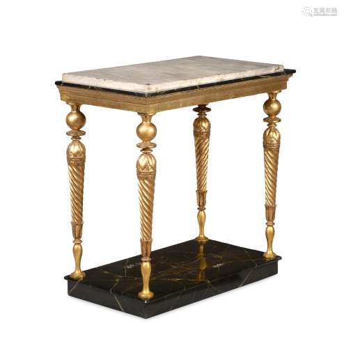 A GILTWOOD AND SIMULATED MARBLE CONSOLE TABLE, LATE 18TH/EAR...