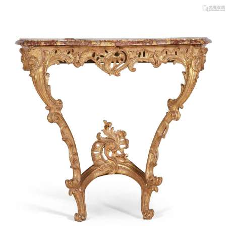 A PAIR OF LOUIS XV CARVED GILTWOOD CONSOLE TABLES, MID 18TH ...