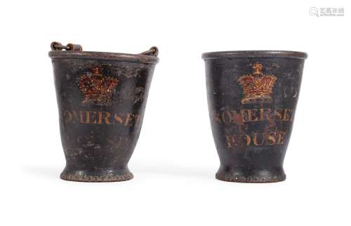 TWO GEORGE III LEATHER FIRE BUCKETS FROM SOMERSET HOUSE, LAT...