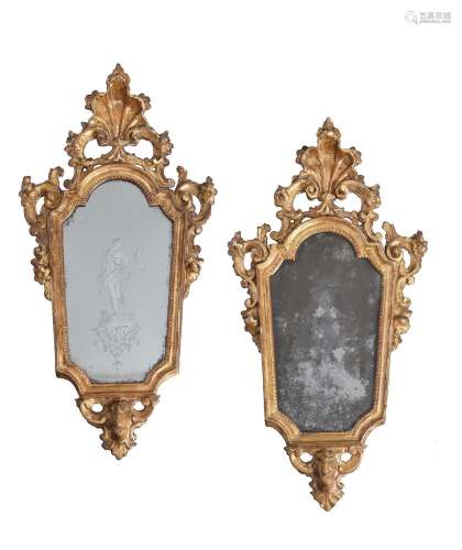 A PAIR OF ITALIAN CARVED GILTWOOD WALL MIRRORS, PROBABLY VEN...