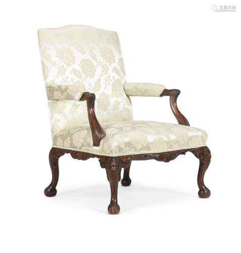 A GEORGE III CARVED MAHOGANY AND UPHOLSTERED OPEN ARMCHAIR, ...