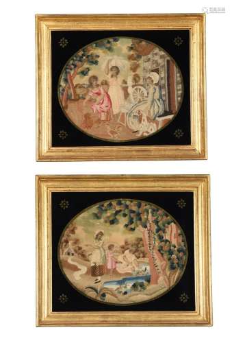 A PAIR OF LATE GEORGE III FRAMED SILKWORKS DEPICTING FIGURES...