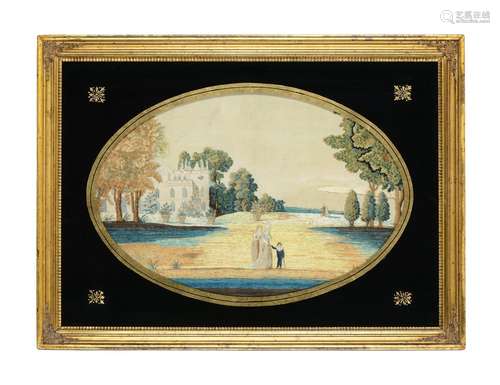 A GEORGE III FRAMED SILKWORK DEPICTING FIGURES IN FRONT OF S...