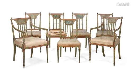 A SET OF SEVEN GEORGE III POLYCHROME PAINTED DINING CHAIRS, ...