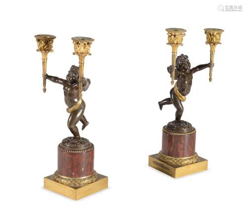 A PAIR OF FRENCH PATINATED, GILT BRONZE AND ROUGE GRIOTTE MA...