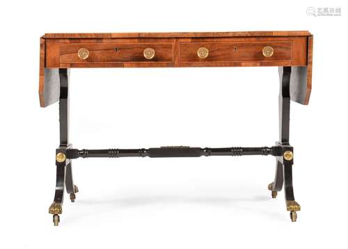 A REGENCY BURR YEW BANDED, EXOTIC HARDWOOD AND EBONISED SOFA...