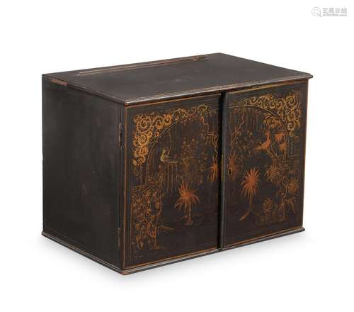 A REGENCY BLACK AND RED LACQUER CHINOISERIE TABLE CABINET, E...